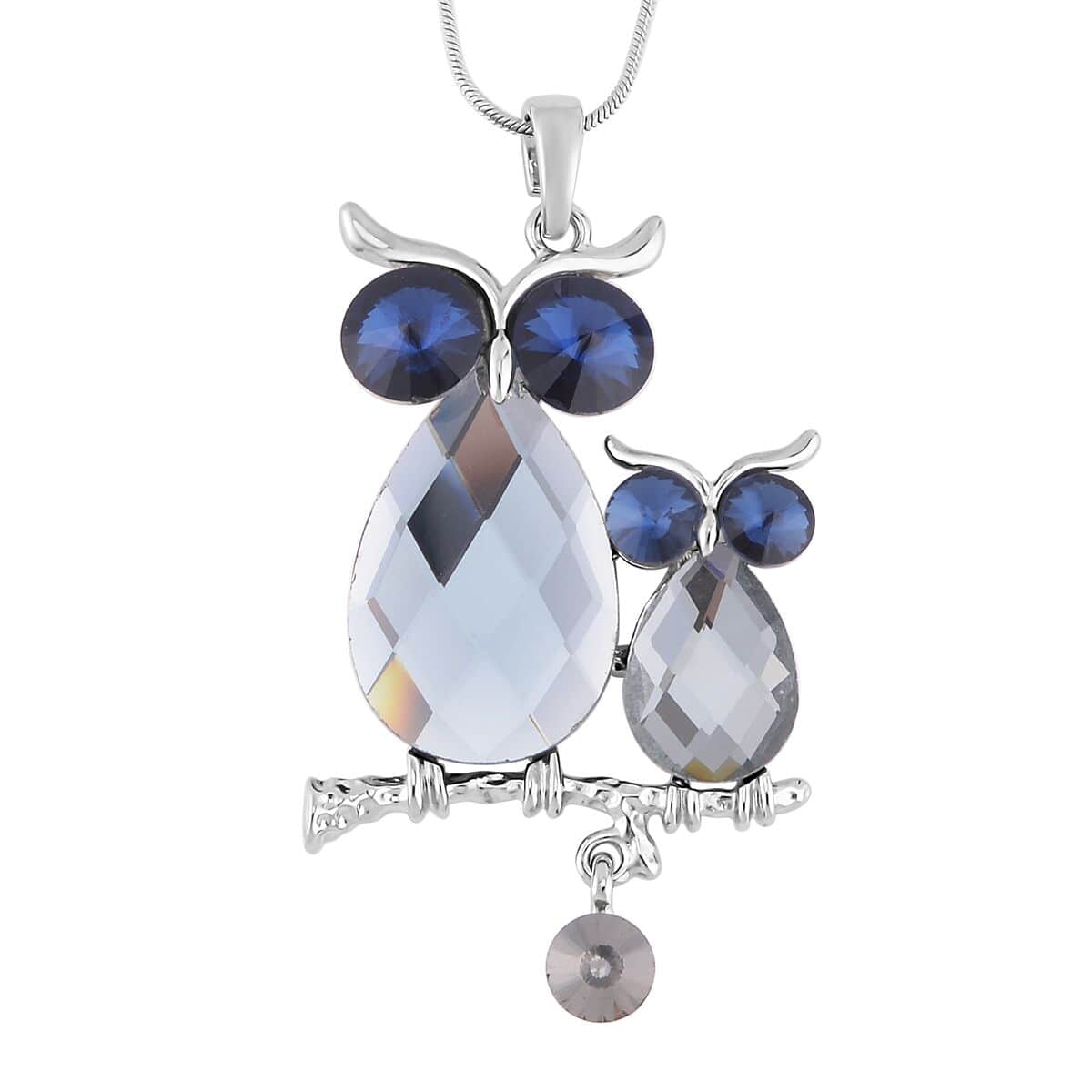 Gray Pearl Glass, Blue and Gray Austrian Crystal Pair of Owls Charm Pendant Necklace 20-30 Inches in Silvertone image number 0
