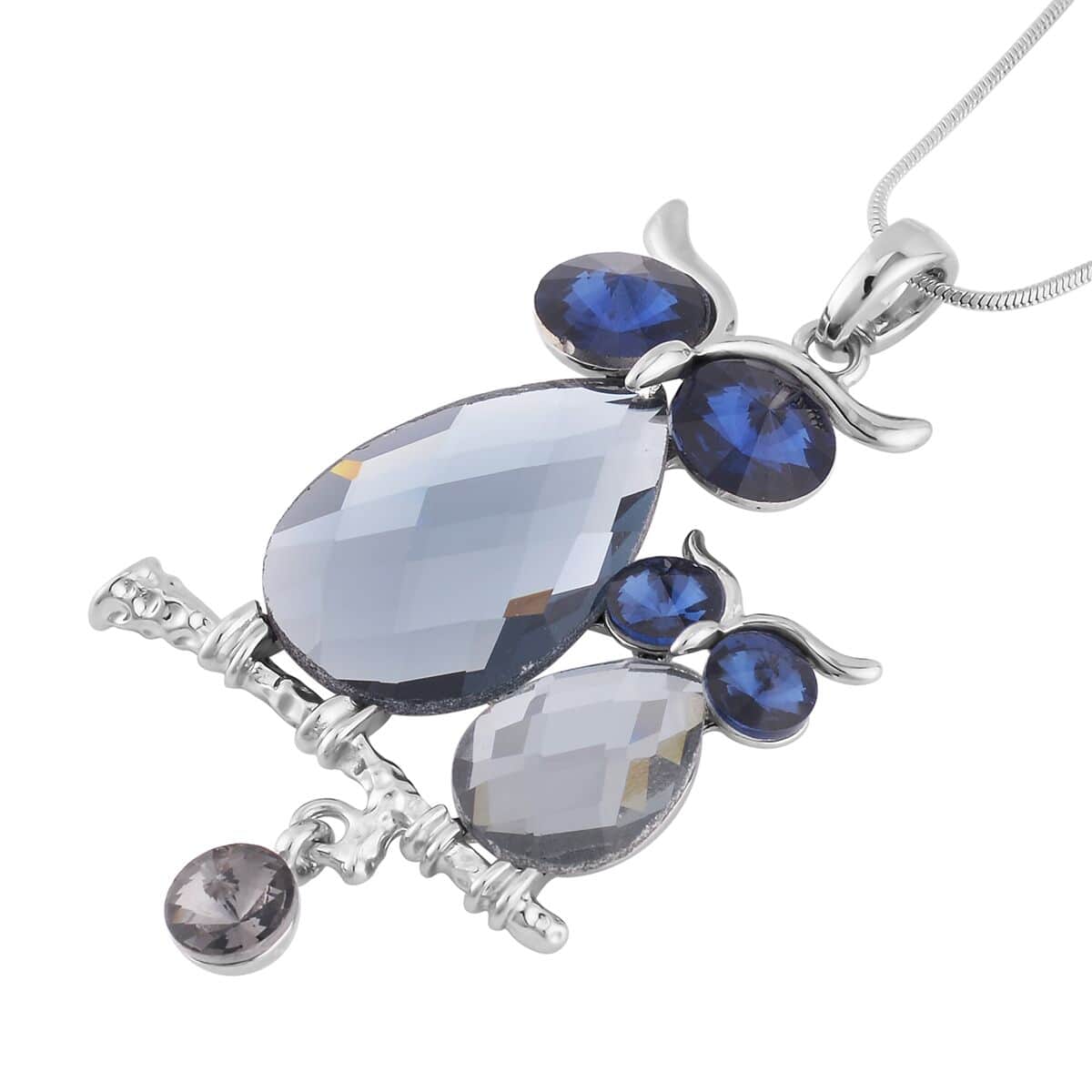 Gray Pearl Glass, Blue and Gray Austrian Crystal Pair of Owls Charm Pendant Necklace 20-30 Inches in Silvertone image number 3
