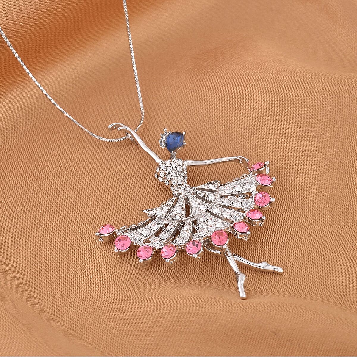Blue Glass, Pink and White Austrian Crystal Dancing Ballerina Pendant Necklace 20-30 Inches in Silvertone image number 1
