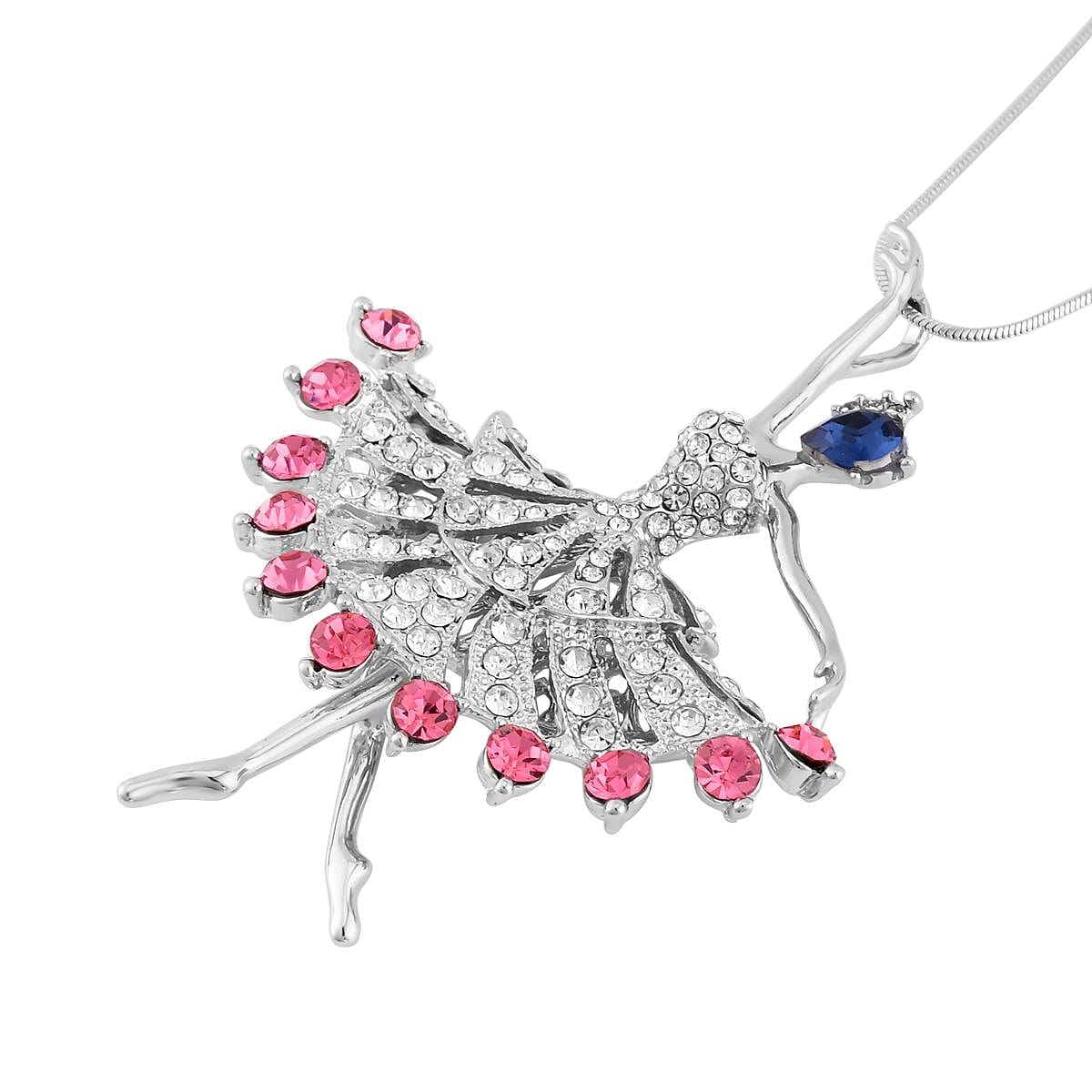 Blue Glass, Pink and White Austrian Crystal Dancing Ballerina Pendant Necklace 20-30 Inches in Silvertone image number 2