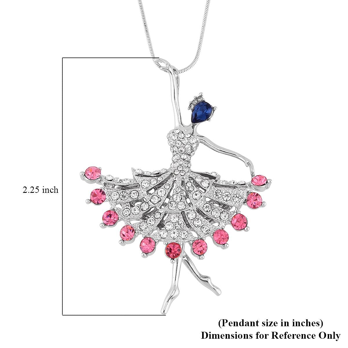 Blue Glass, Pink and White Austrian Crystal Dancing Ballerina Pendant Necklace 20-30 Inches in Silvertone image number 4
