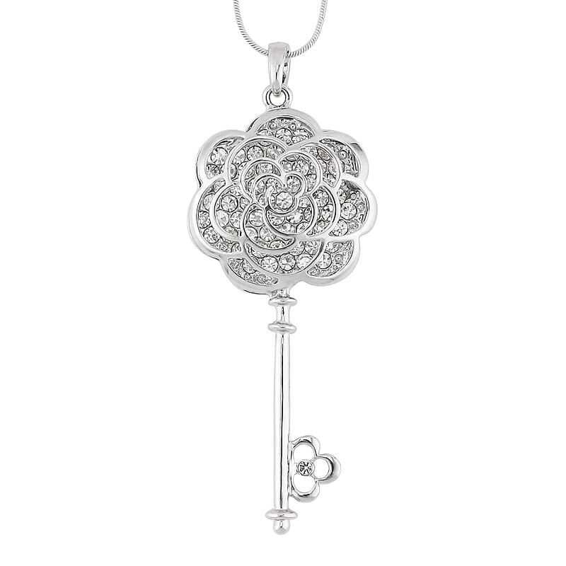 Austrian Crystal Flower & Key Shaped Pendant Necklace 20-30 Inches in Silvertone