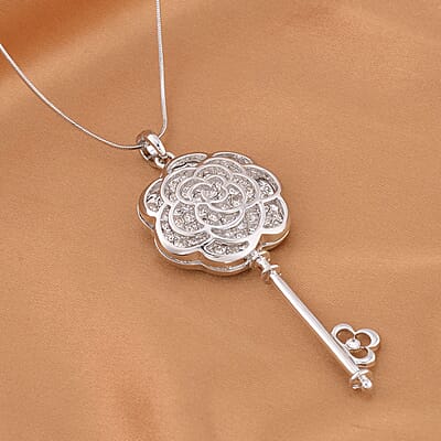 Austrian Crystal Flower & Key Shaped Pendant Necklace 20-30 Inches in Silvertone
