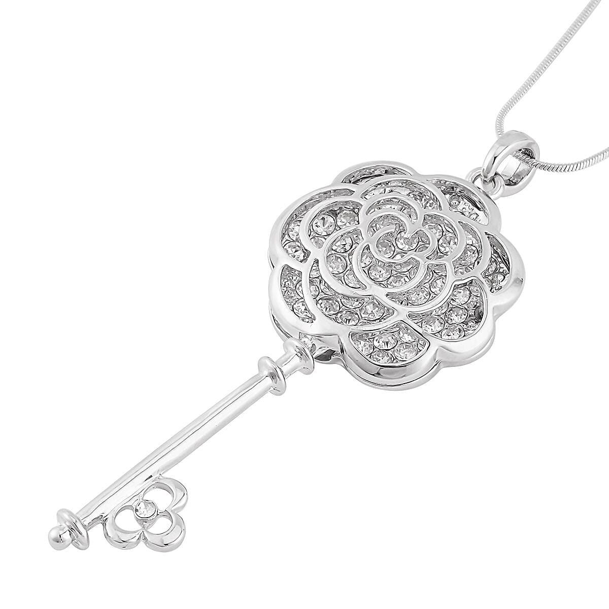 Austrian Crystal Flower & Key Shaped Pendant Necklace 20-30 Inches in Silvertone image number 3