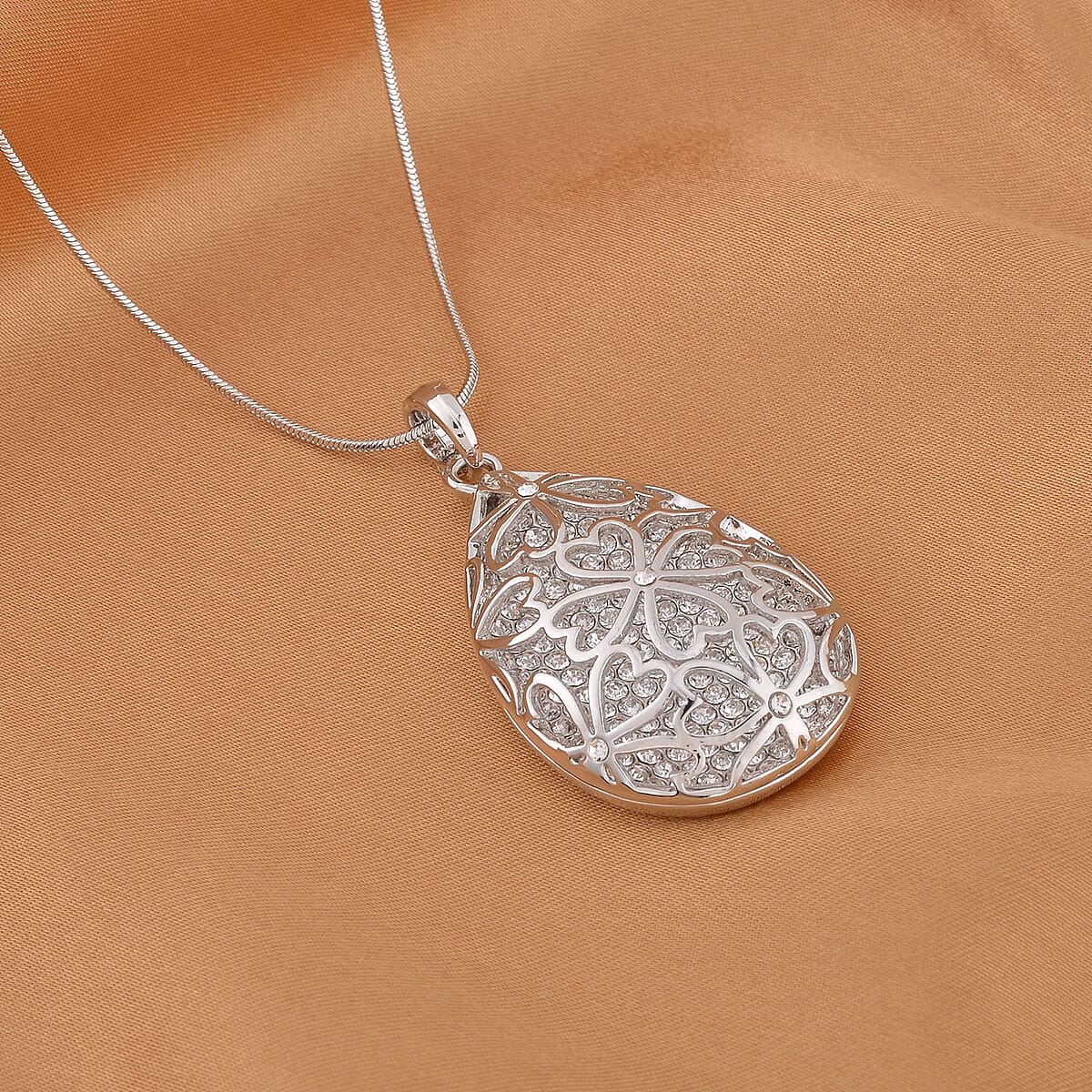 Austrian Crystal Pear Shaped Pendant Necklace 20-30 Inches in Silvertone image number 1