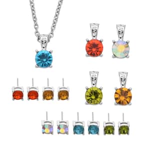 Multi Color Austrian Crystal 5pcs Solitaire Stud Earrings and 5pcs Pendants With Necklace 20 Inches in Silvertone and Stainless Steel