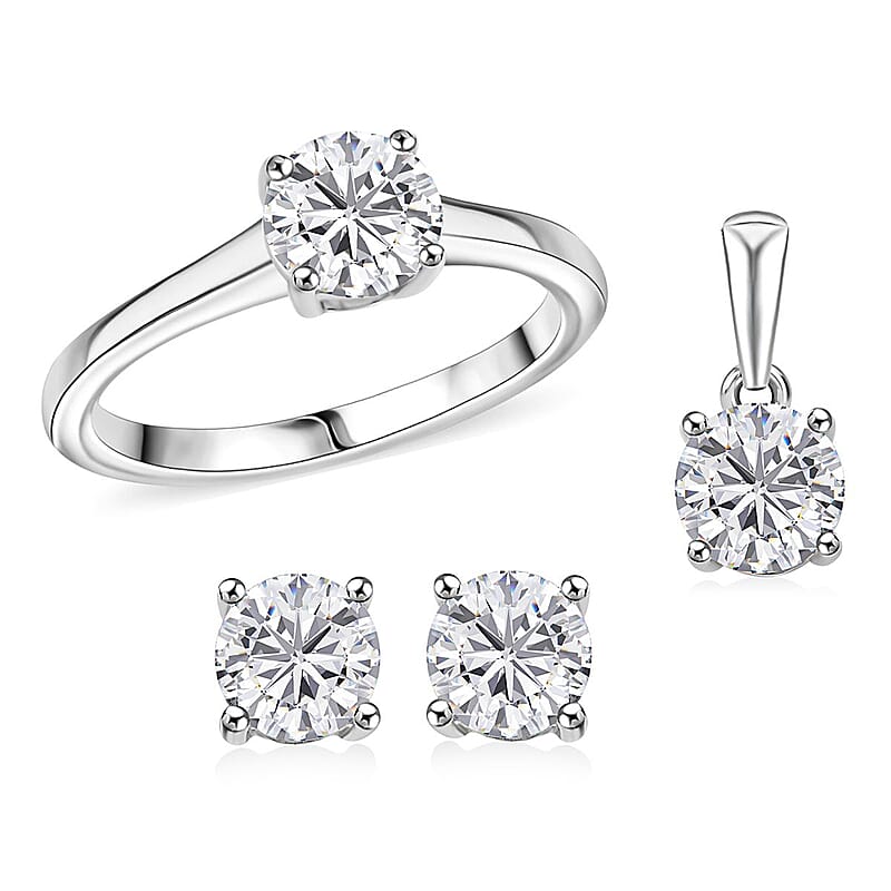 Heart and Arrows Cut Moissanite 2.35 ctw Solitaire Ring SIZE 5.00, Stud Earrings and Pendant without Chain in Rhodium Over Sterling Silver