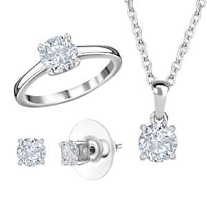 Heart and Arrows Cut Moissanite Solitaire Ring, Stud Earrings and Pendant in Rhodium Over Sterling Silver 2.35 ctw