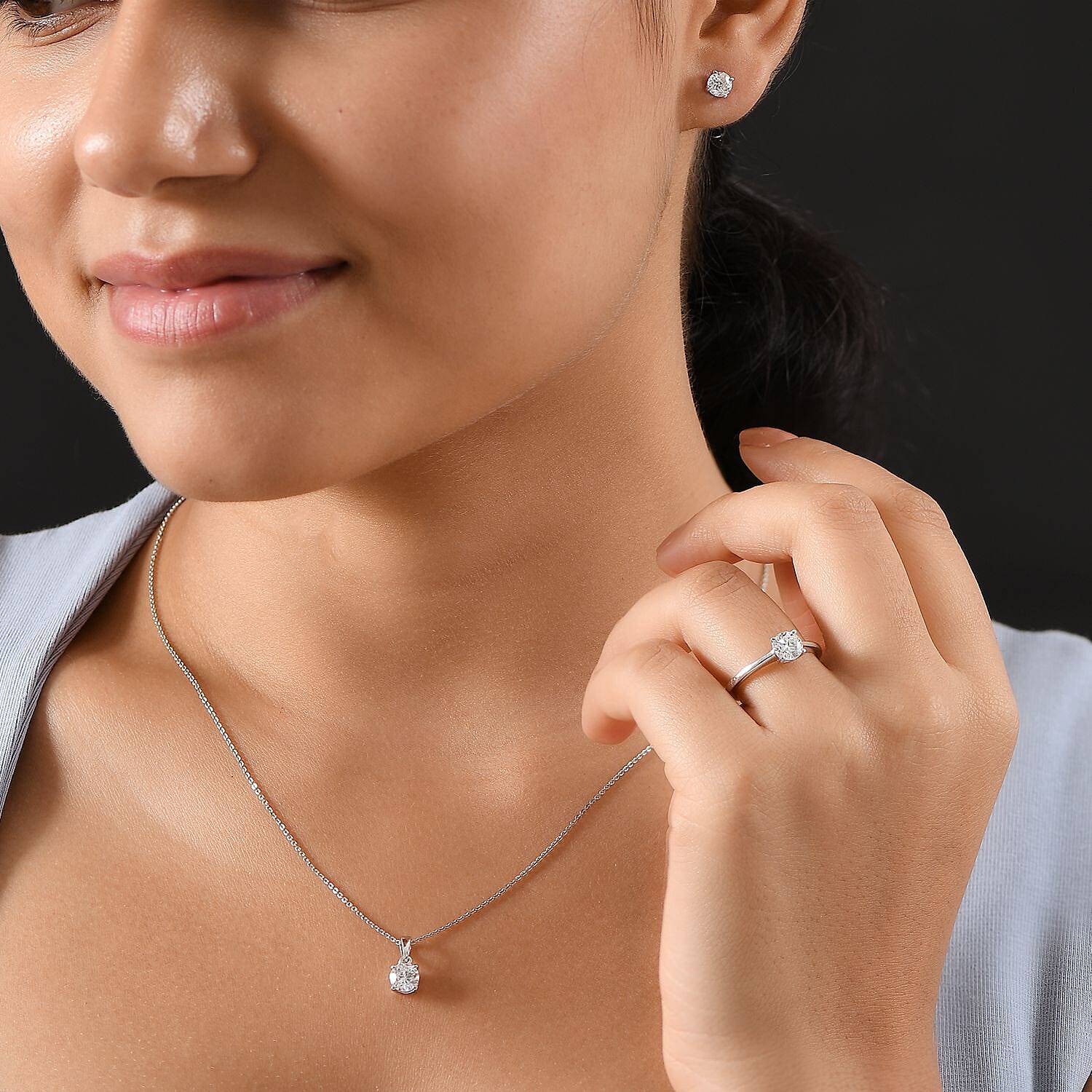 Heart and Arrows Cut Moissanite 2.35 ctw Solitaire Ring SIZE 5.00, Stud Earrings and Pendant without Chain in Rhodium Over Sterling Silver