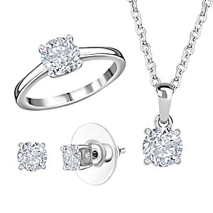 Heart and Arrows Cut Moissanite 2.35 ctw Solitaire Ring SIZE 8.00, Stud Earrings and Pendant without Chain in Rhodium Over Sterling Silver