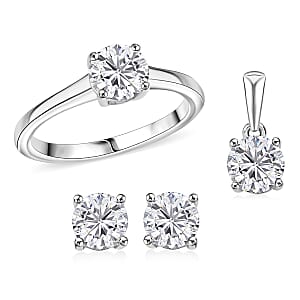Heart and Arrows Cut Moissanite Solitaire Ring SIZE 9.00, Stud Earrings and Pendant Necklace (20 Inches) in Rhodium Over Sterling Silver and Stainless Steel