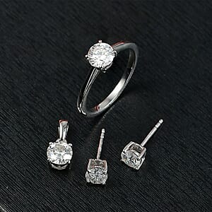 Heart and Arrows Cut Moissanite Solitaire Ring SIZE 9.00, Stud Earrings and Pendant Necklace (20 Inches) in Rhodium Over Sterling Silver and Stainless Steel