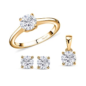 Heart and Arrows Cut Moissanite 2.35 ctw Solitaire Ring, Stud Earrings and Pendant without Chain in Vermeil YG Over Sterling Silver