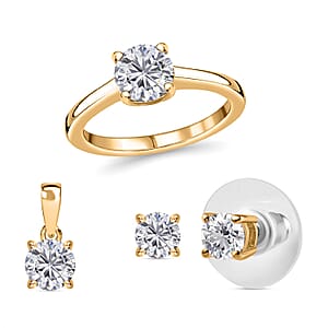 Heart and Arrows Cut Moissanite 2.35 ctw Solitaire Ring, Stud Earrings and Pendant without Chain in Vermeil YG Over Sterling Silver