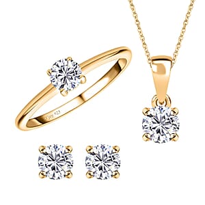 Heart and Arrows Cut Moissanite 2.35 ctw Solitaire Ring, Stud Earrings and Pendant without Chain in Vermeil YG Over Sterling Silver