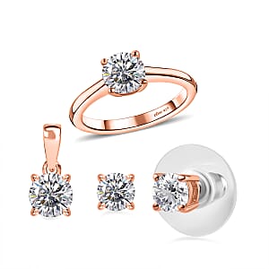 Heart and Arrows Cut Moissanite 2.35 ctw Solitaire Ring, Stud Earrings and Pendant without Chain in Vermeil RG Over Sterling Silver