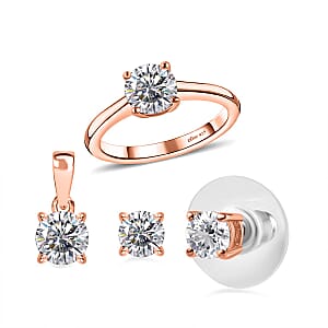 Heart and Arrows Cut Moissanite 2.35 ctw Solitaire Ring, Stud Earrings and Pendant without Chain in Vermeil RG Over Sterling Silver