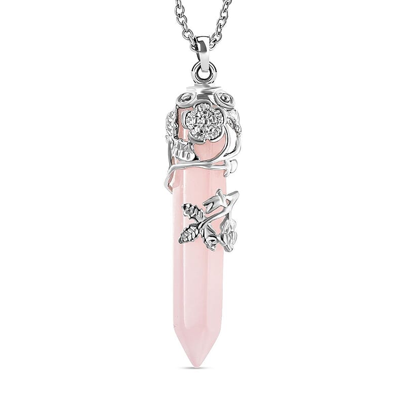 Galilea Rose Quartz 27.00 ctw Pendant in Silvertone with Stainless Steel Necklace 24 Inches