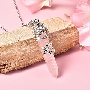 Galilea Rose Quartz 27.00 ctw Pendant in Silvertone with Stainless Steel Necklace 24 Inches