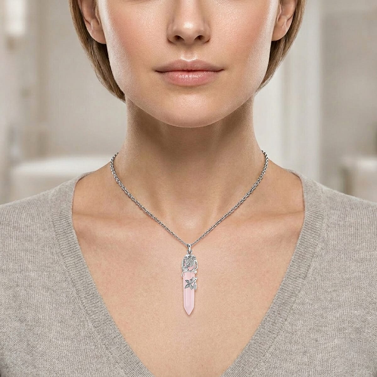 Galilea Rose Quartz 27.00 ctw Pendant in Silvertone with Stainless Steel Necklace 24 Inches image number 2