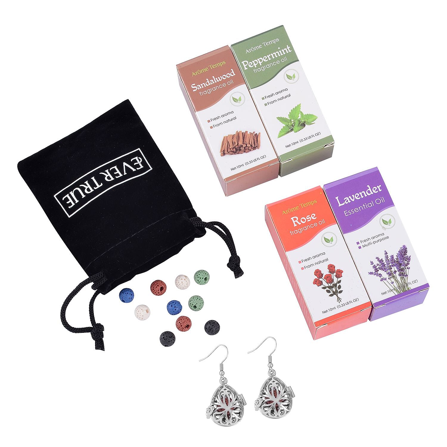 EverTrue 5pcs Multi Color Lava 8mm Changeable Earrings in Stainless Steel with Essential Oil (Rose/Lavender/Peppermint/Sandalwood Oil) 21.00 ctw
