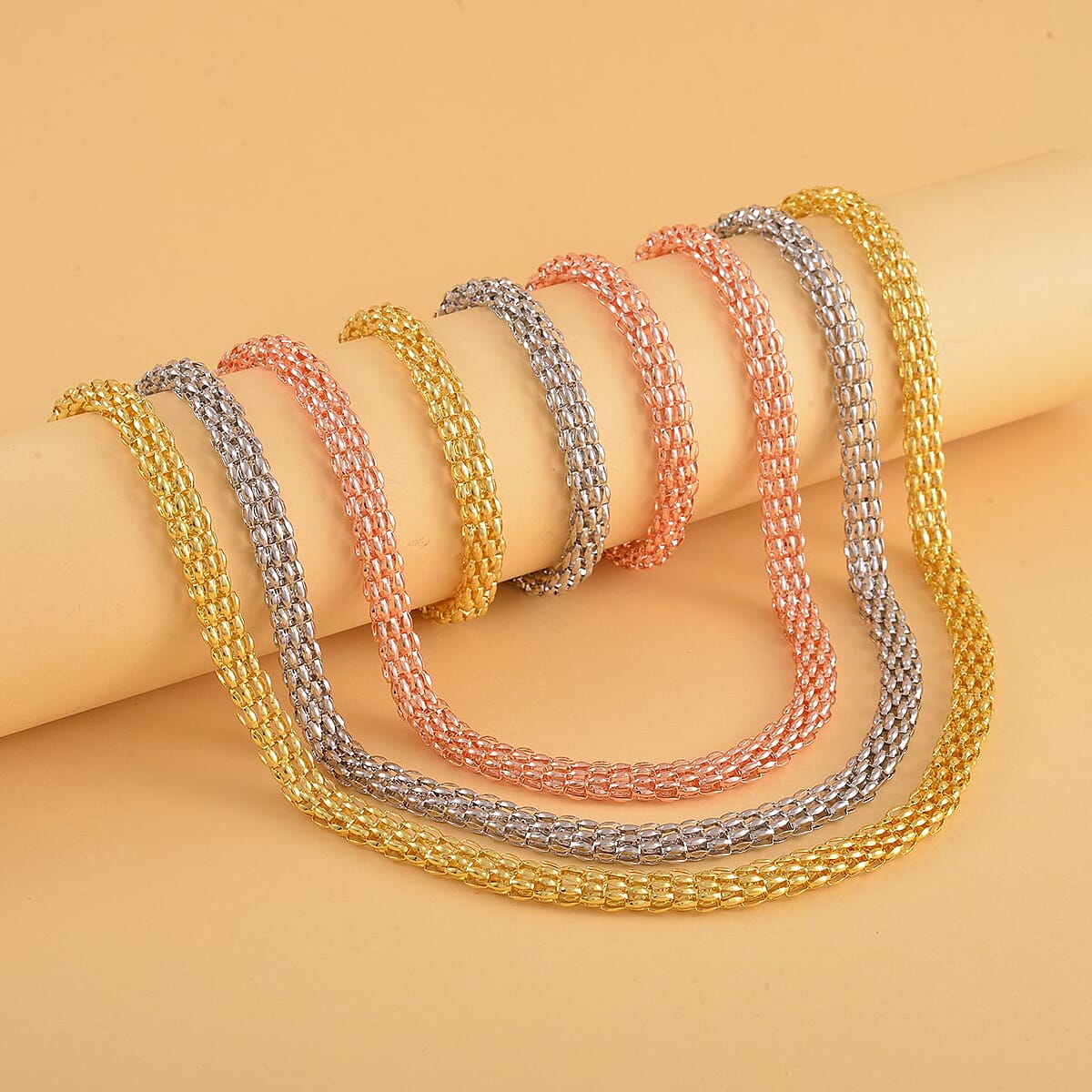 Set of 6pcs Flat Popcorn Chain Choker Necklace (20-22Inches) and Bracelet (7.50-9.0In) in ION Plated YRG and Stainless Steel , Tarnish-Free, Waterproof, Sweat Proof Jewelry image number 1