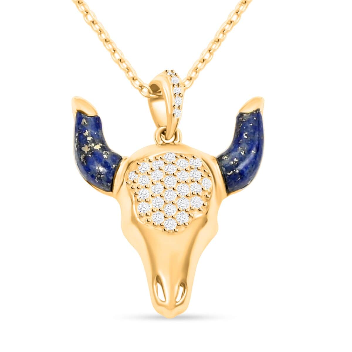 Lapis Lazuli and Simulated Diamond Bull Head Pendant Necklace (18 Inches) in 14K Yellow Gold Over Sterling Silver 1.50 ctw image number 0