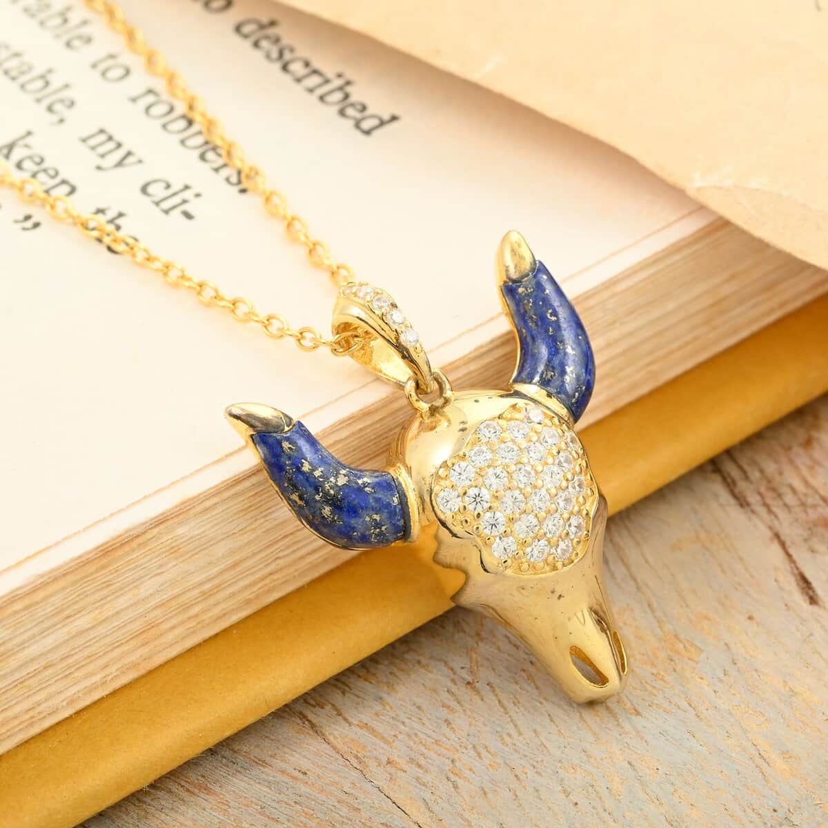 Lapis Lazuli and Simulated Diamond Bull Head Pendant Necklace (18 Inches) in 14K Yellow Gold Over Sterling Silver 1.50 ctw image number 1