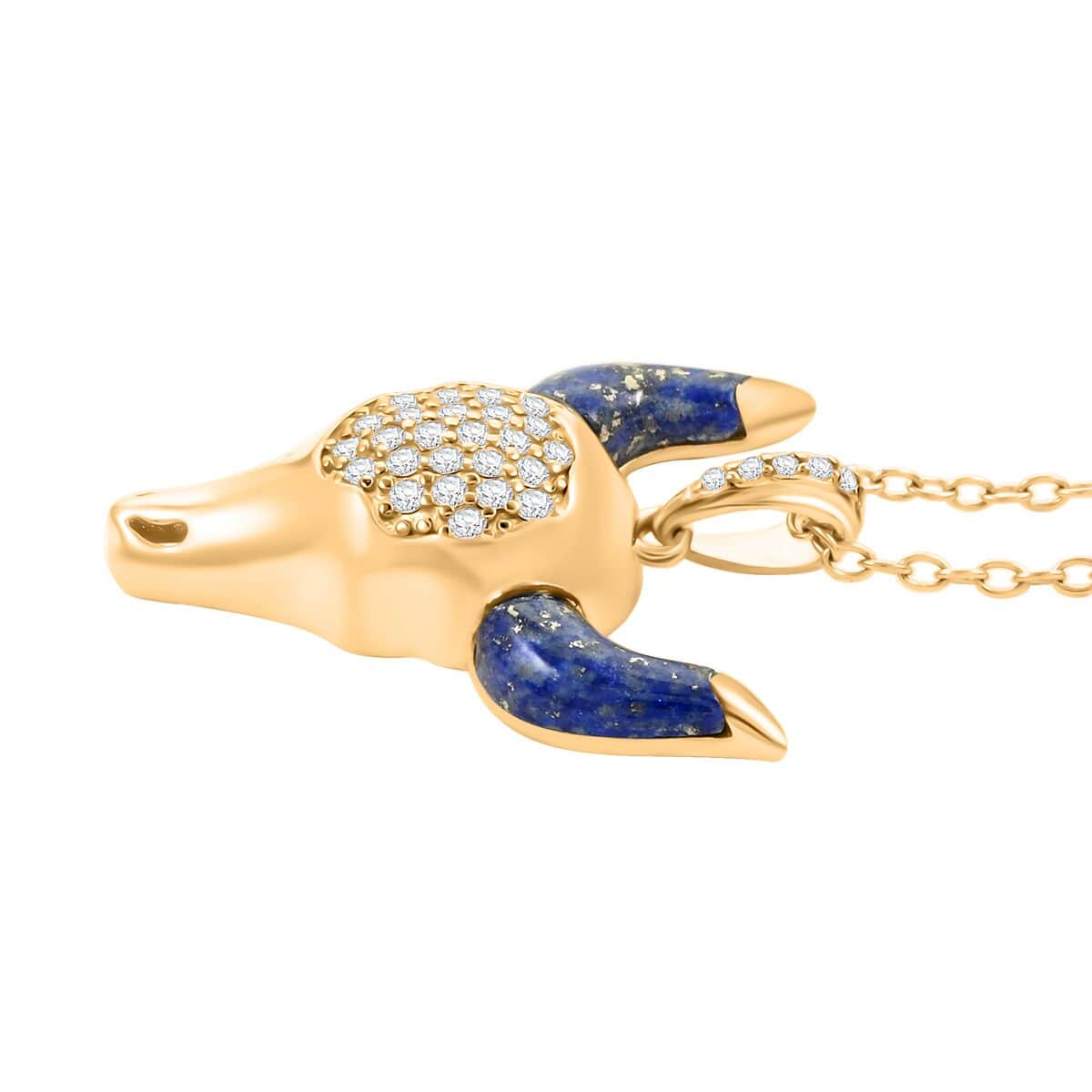 Lapis Lazuli and Simulated Diamond Bull Head Pendant Necklace (18 Inches) in 14K Yellow Gold Over Sterling Silver 1.50 ctw image number 3