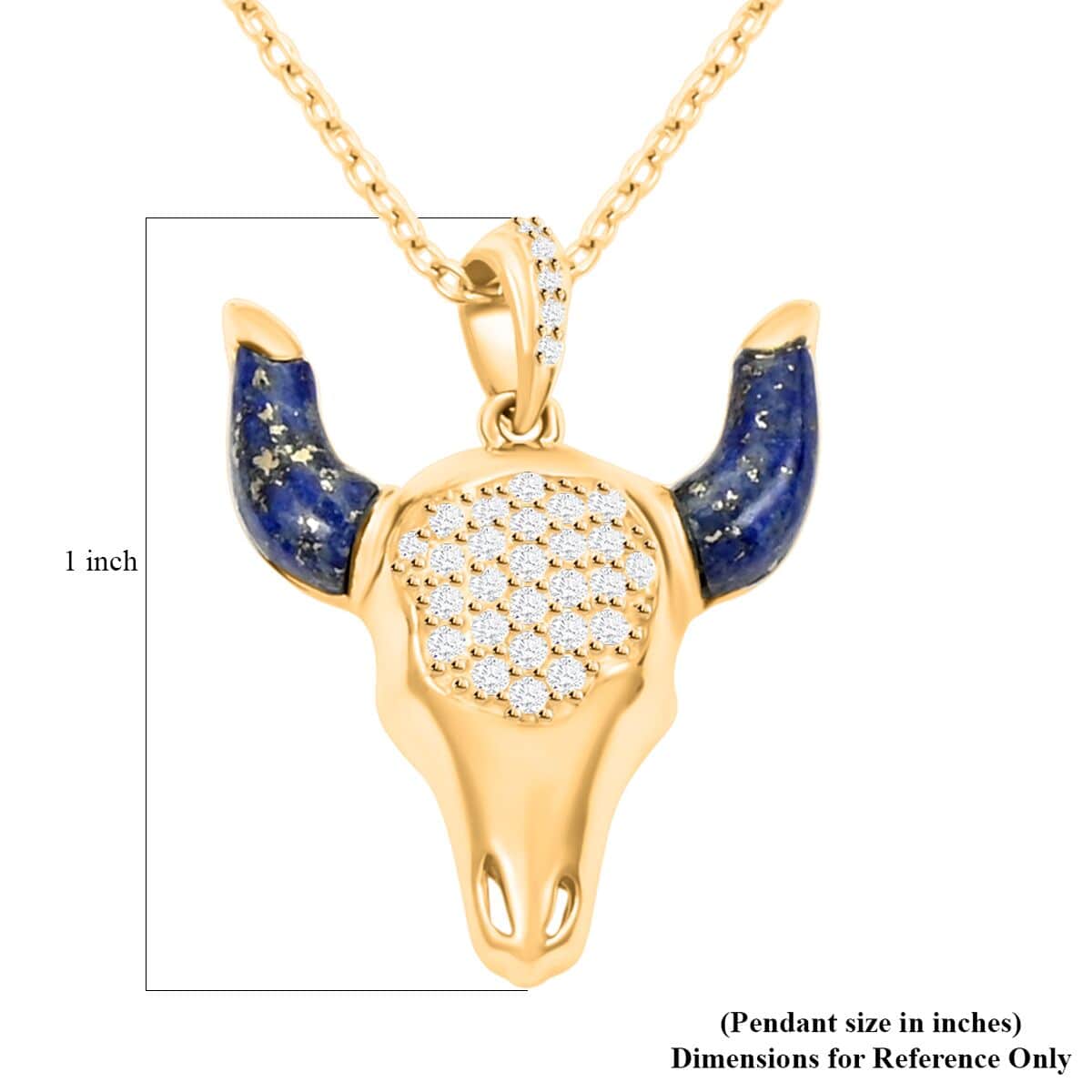 Lapis Lazuli and Simulated Diamond Bull Head Pendant Necklace (18 Inches) in 14K Yellow Gold Over Sterling Silver 1.50 ctw image number 5