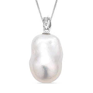 White Edison Pearl, White Zircon 0.06 ctw Pendant Necklace (18 Inches) in Rhodium Over Sterling Silver