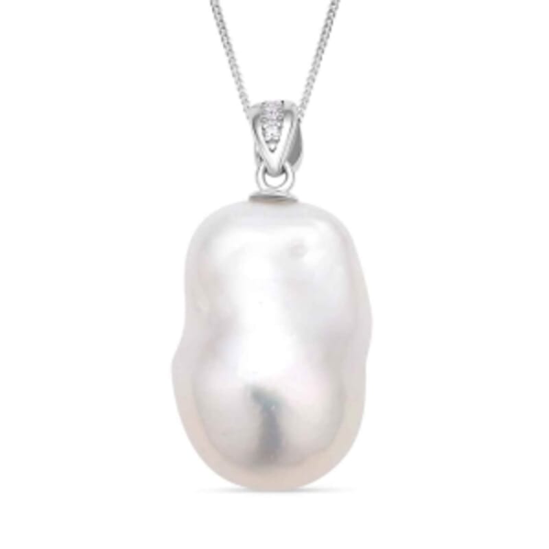 White Edison Pearl, White Zircon 0.06 ctw Pendant Necklace (18 Inches) in Rhodium Over Sterling Silver