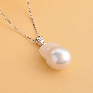 White Edison Pearl, White Zircon 0.06 ctw Pendant Necklace (18 Inches) in Rhodium Over Sterling Silver