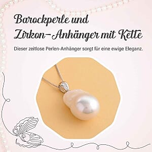 White Edison Pearl, White Zircon 0.06 ctw Pendant Necklace (18 Inches) in Rhodium Over Sterling Silver