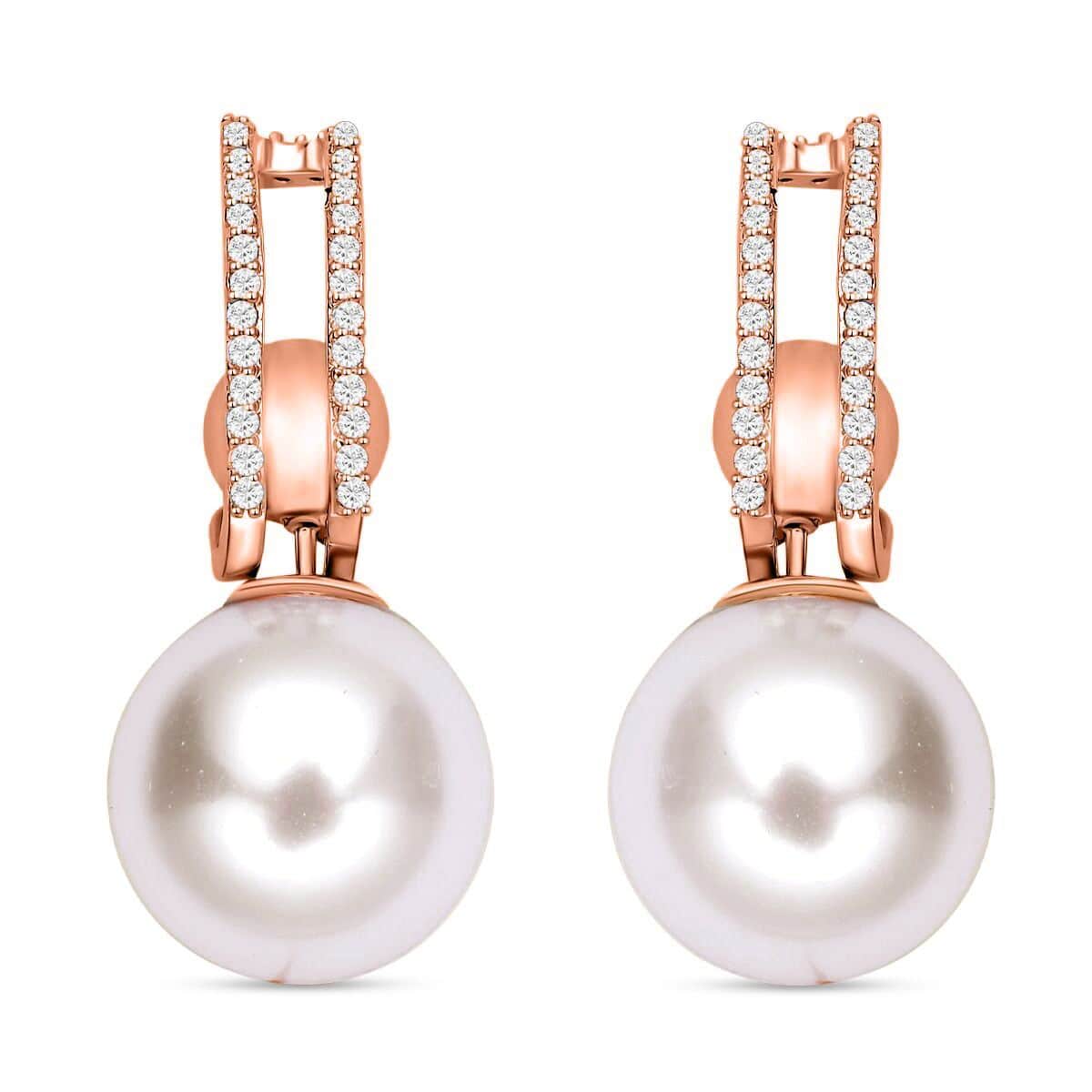 Set of 2 White Shell Pearl and Simulated Diamond Multi Ways Wearable Earrings in Rosetone image number 0