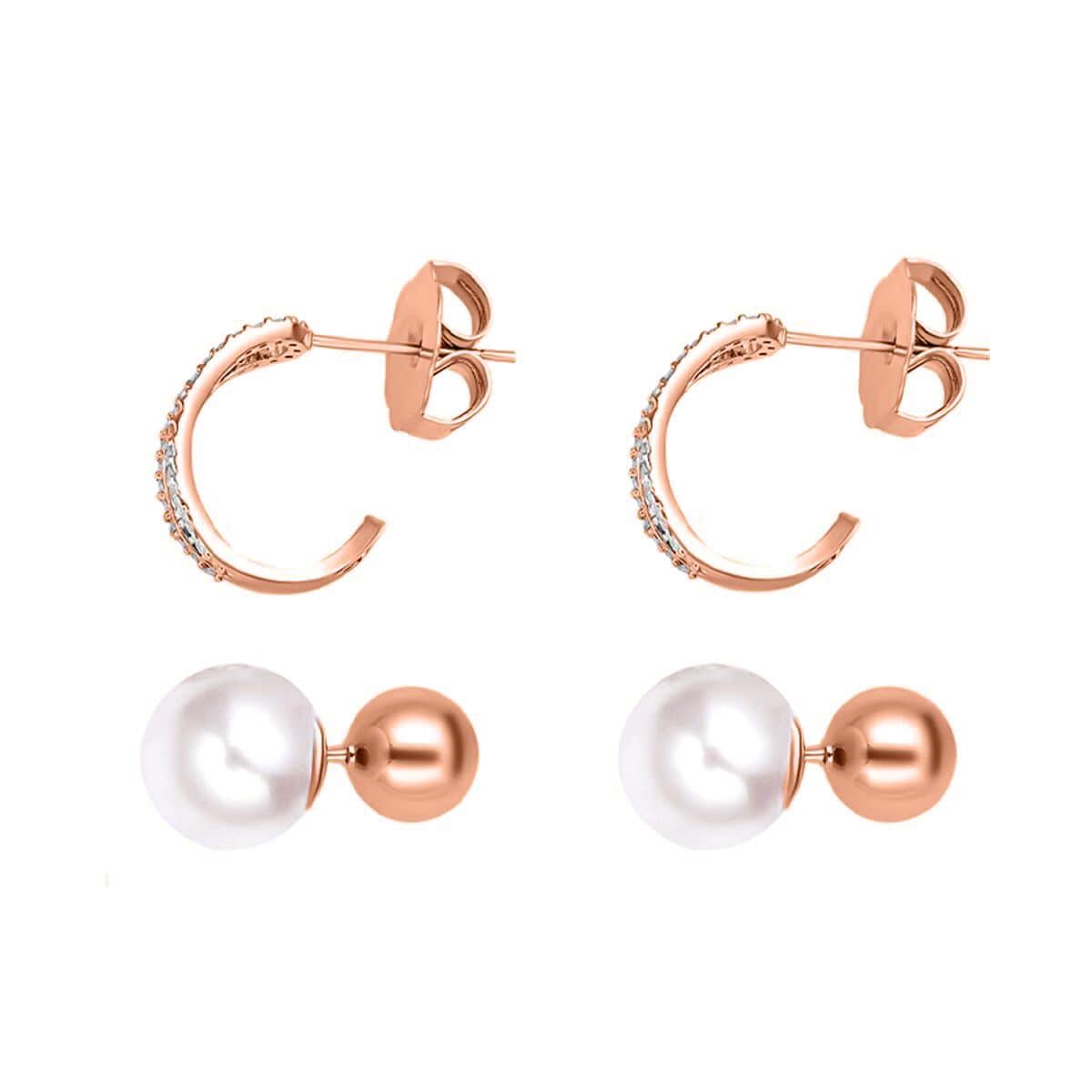 Set of 2 White Shell Pearl and Simulated Diamond Multi Ways Wearable Earrings in Rosetone image number 4