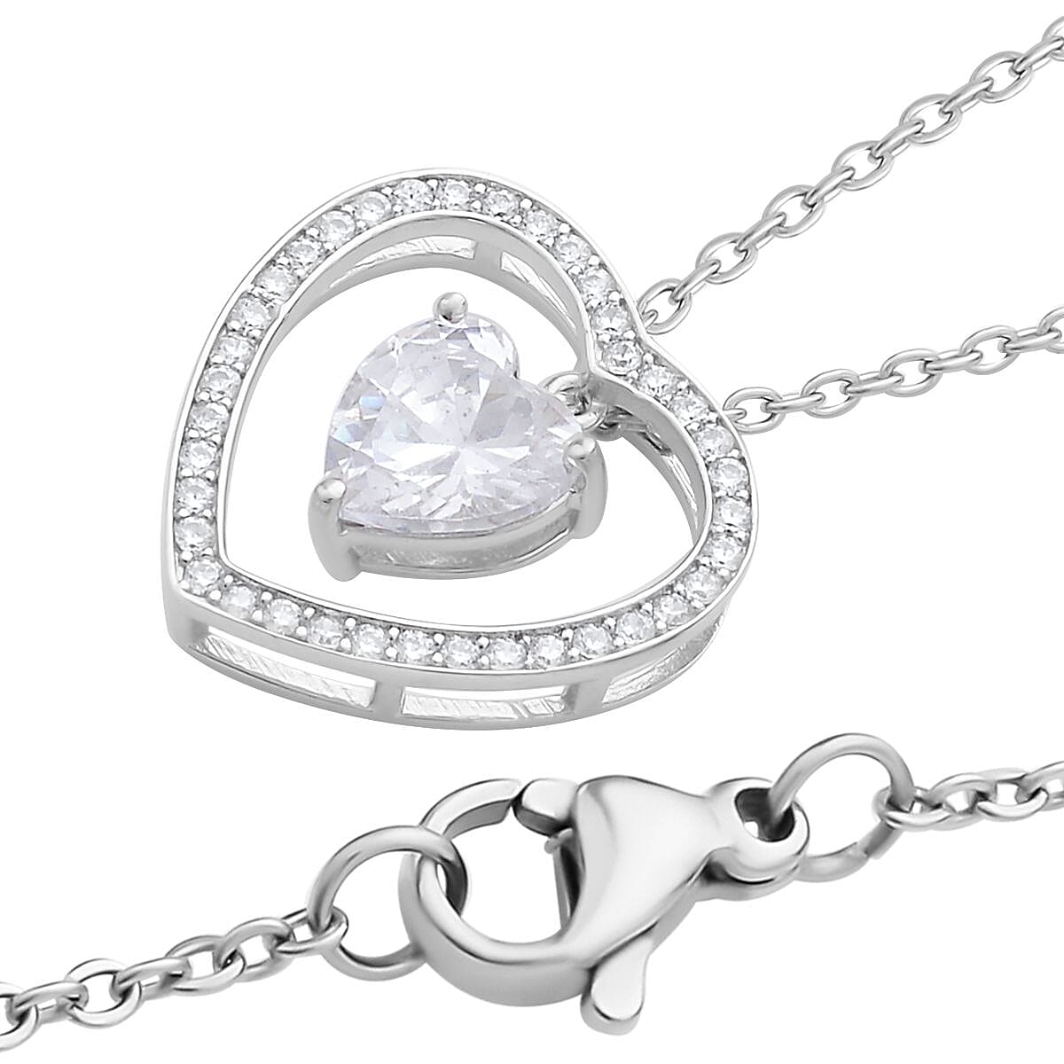 Simulated Diamond Heart Pendant in Rhodium Over Sterling Silver with Stainless Steel Necklace 20 Inches