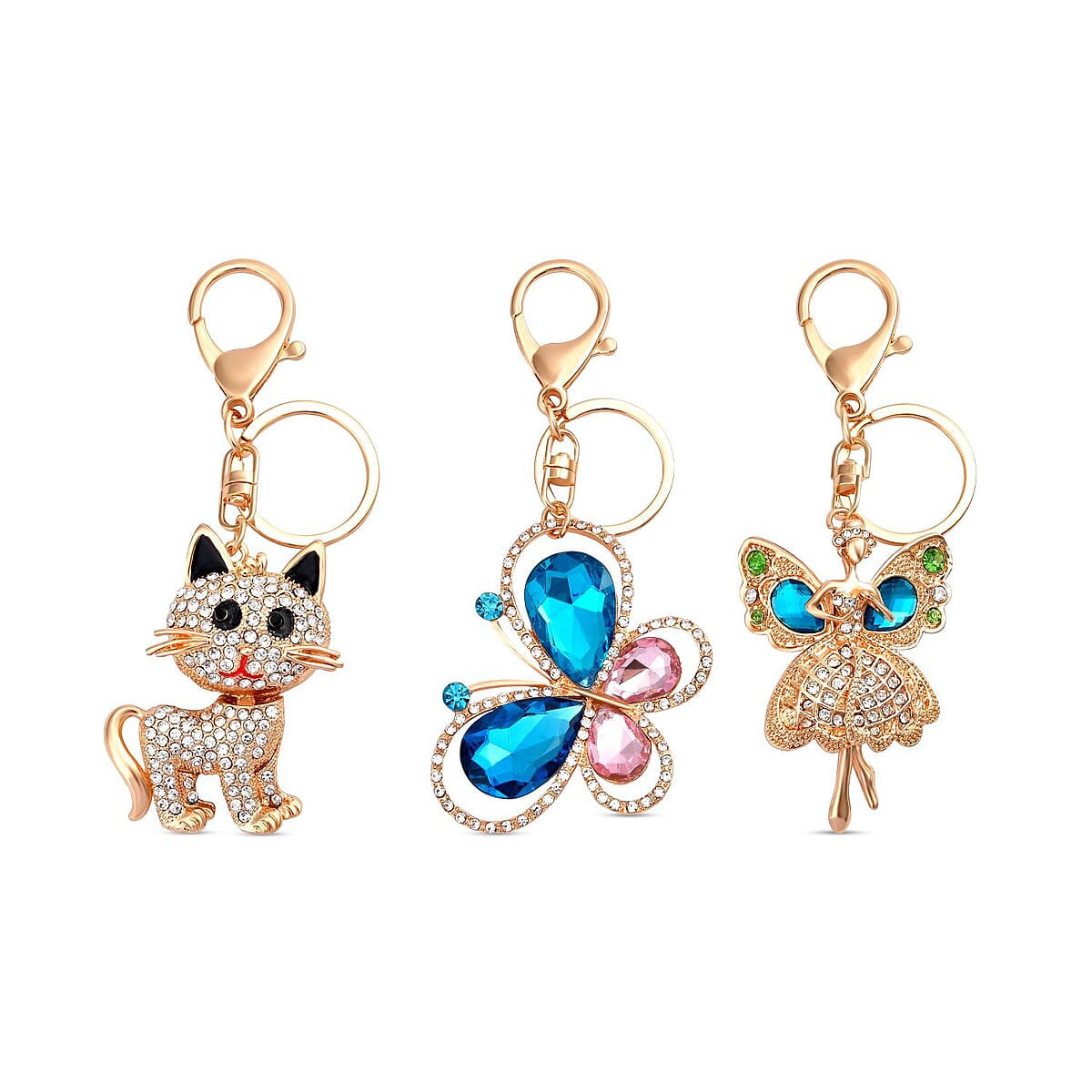 Set of 3 Multi Color Austrian Crystal, Enameled Butterfly, Angel and Cat Keychain in Goldtone, Cute Keychains, Key Holders, Key Rings, Cool Keychains image number 0