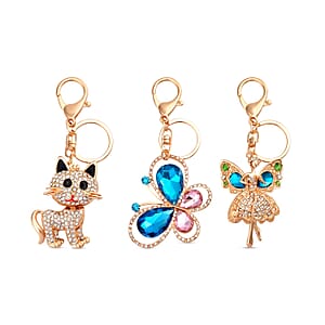Set of 3 Multi Color Austrian Crystal, Enameled Butterfly, Angel and Cat Keychain in Goldtone, Cute Keychains, Key Holders, Key Rings, Cool Keychains