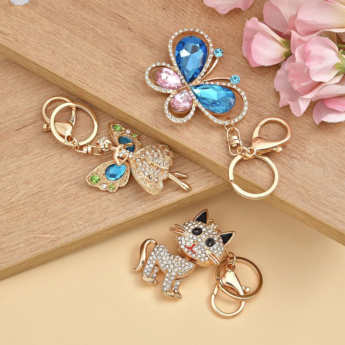 Set of 3 Multi Color Austrian Crystal, Enameled Butterfly, Angel and Cat Keychain in Goldtone, Cute Keychains, Key Holders, Key Rings, Cool Keychains image number 1