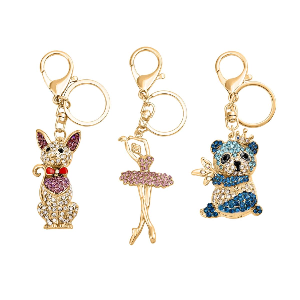 Set of 3 Multi Color Austrian Crystal, Enameled Panda, Cat and Dancing Girl Keychain in Goldtone, Cute Keychains, Key Holders, Key Rings, Cool Keychains image number 0