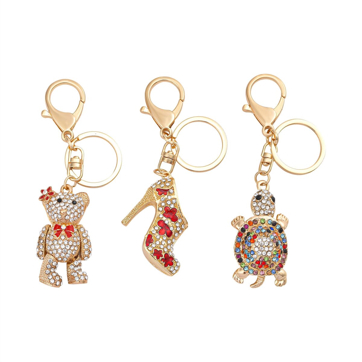 Set of 3 Multi Color Austrian Crystal, Enameled High Heel, Turtle and Bear Keychain in Goldtone, Cute Keychains, Key Holders, Key Rings, Cool Keychains image number 0