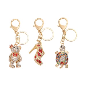 Set of 3 Multi Color Austrian Crystal, Enameled High Heel, Turtle and Bear Keychain in Goldtone, Cute Keychains, Key Holders, Key Rings, Cool Keychains