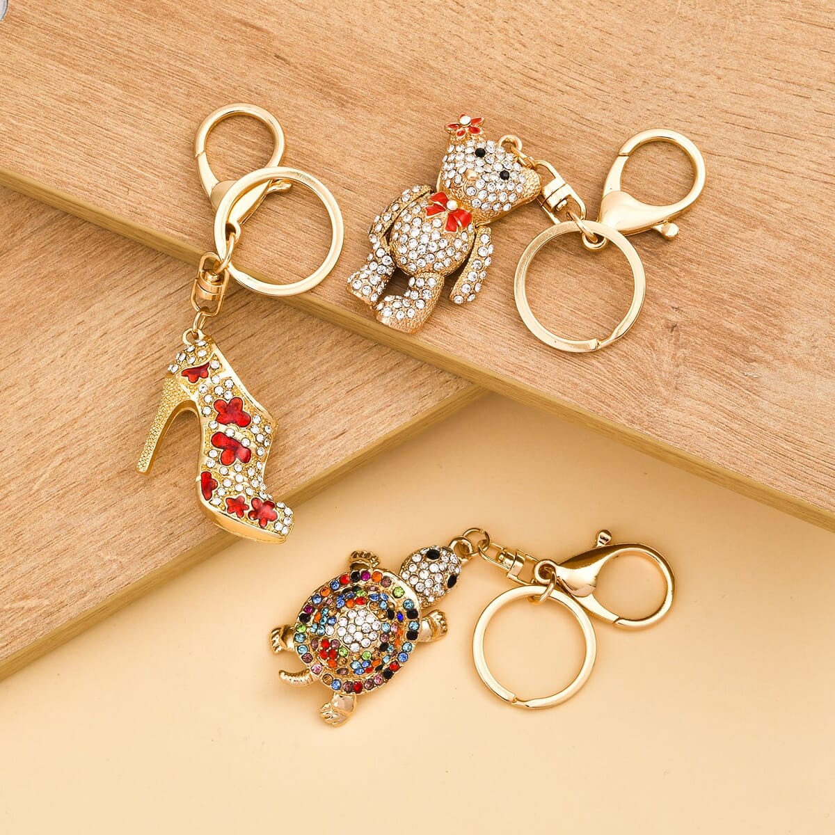 Set of 3 Multi Color Austrian Crystal, Enameled High Heel, Turtle and Bear Keychain in Goldtone, Cute Keychains, Key Holders, Key Rings, Cool Keychains image number 1