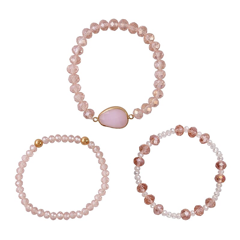 Pink Agate, Pink Glass Beaded & Resin Set of 3 Stretch Bracelet in Goldtone 5.00 ctw