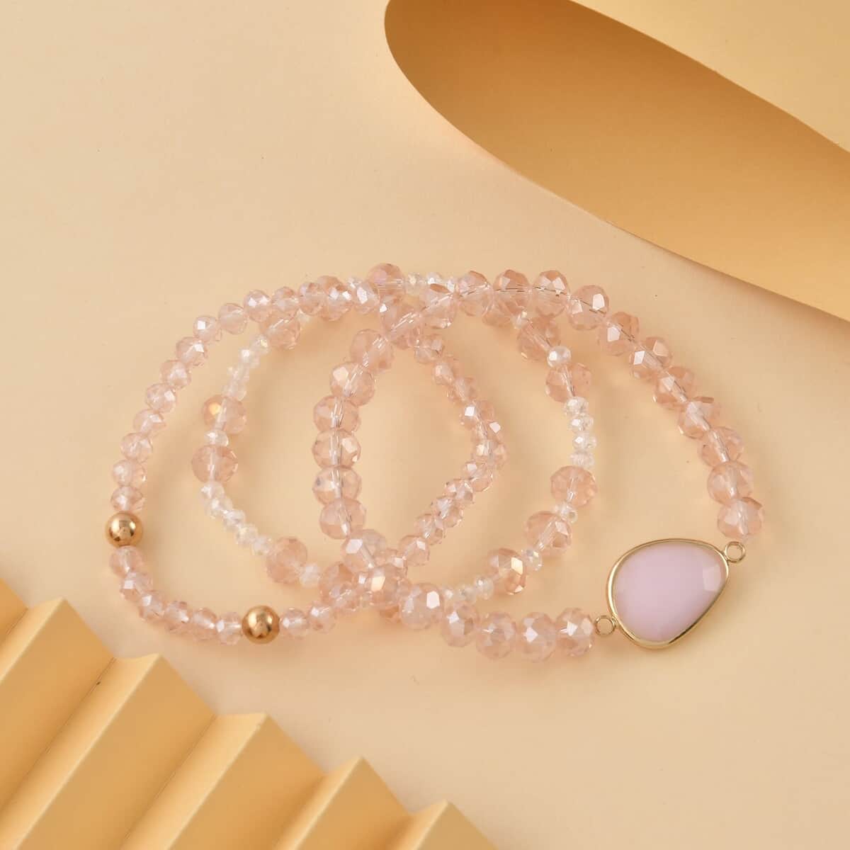 Pink Agate, Pink Glass Beaded & Resin Set of 3 Stretch Bracelet in Goldtone 5.00 ctw image number 1
