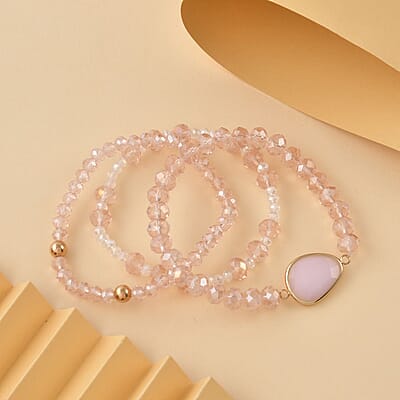Pink Agate, Pink Glass Beaded & Resin Set of 3 Stretch Bracelet in Goldtone 5.00 ctw