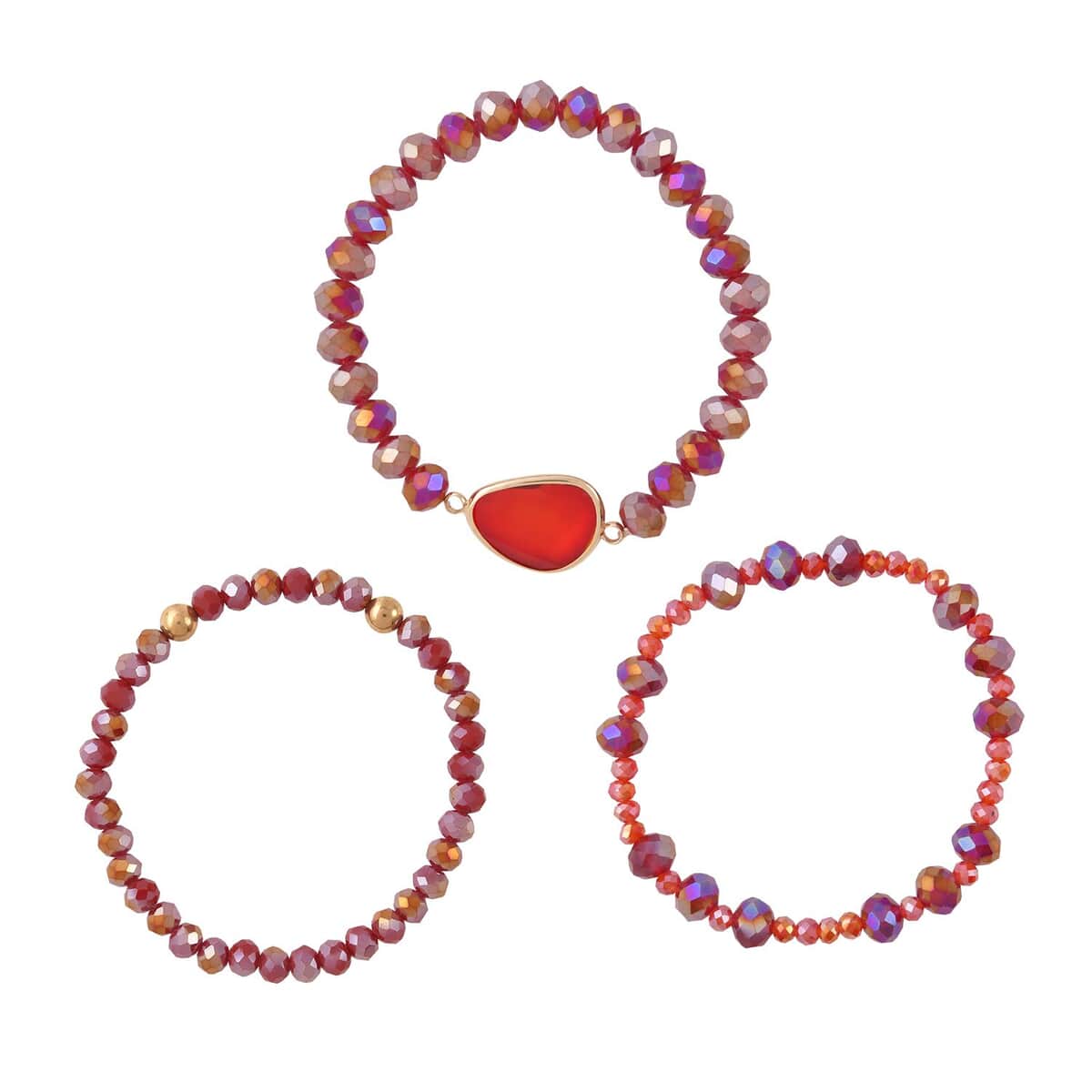 Red Agate, Red Glass Beaded & Resin 5.00 ctw Set of 3 Stretch Bracelet in Goldtone image number 0