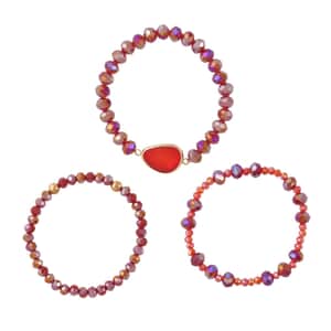 Red Agate, Red Glass Beaded & Resin Set of 3 Stretch Bracelet in Goldtone 5.00 ctw