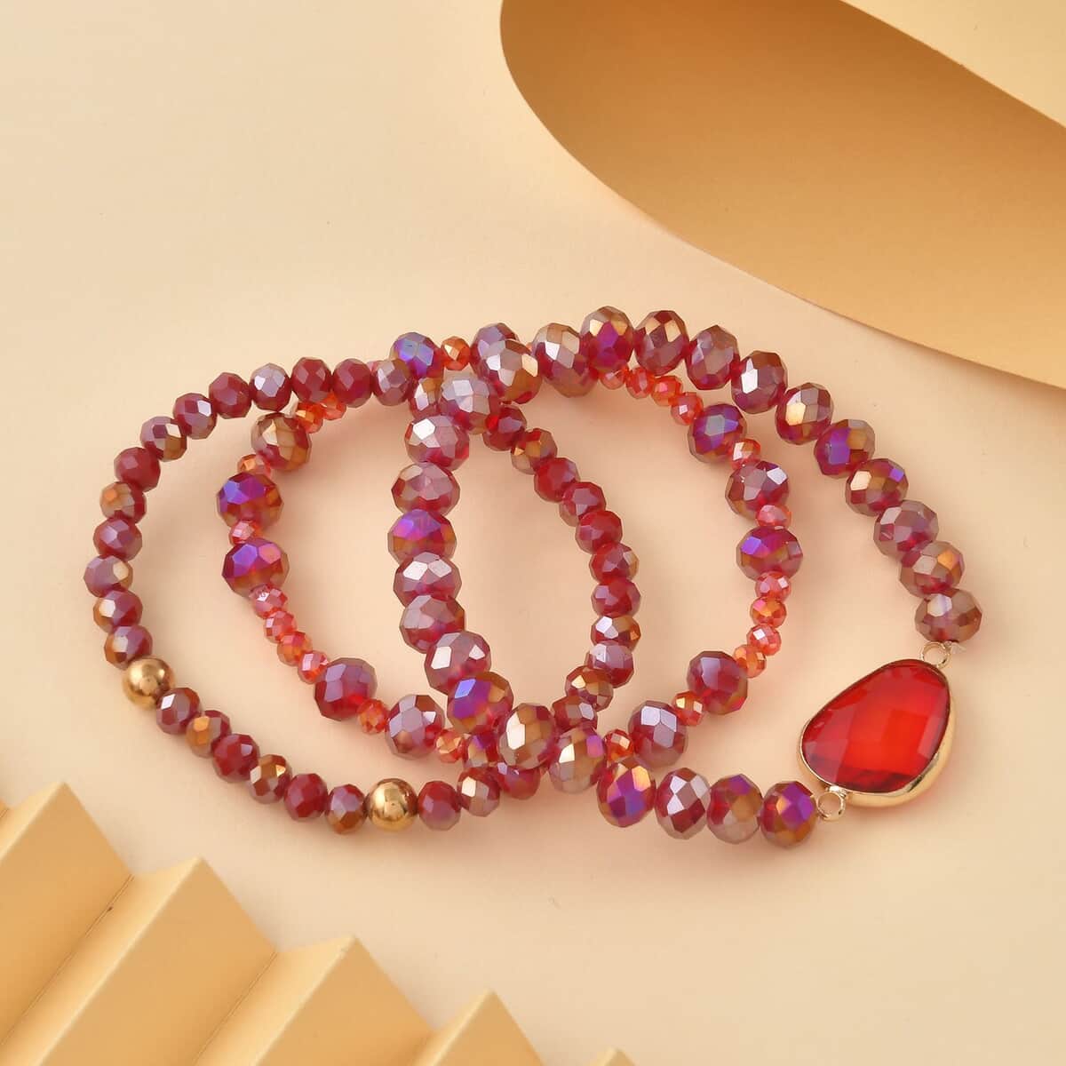 Red Agate, Red Glass Beaded & Resin 5.00 ctw Set of 3 Stretch Bracelet in Goldtone image number 1